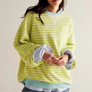 NWOT Free People Classic Stripe Crewneck Sweatshirt Lime Combo- size MEDIUM